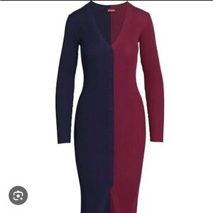 STAUD Shoko Colorblock Ribbed Midi dress in Navy and Burgundy, M, NWOT